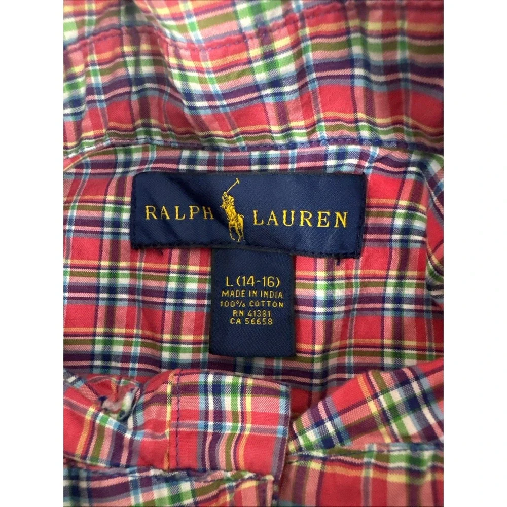 Ralph Lauren Boys Red Pink Multi Color Plaid‎ Cotton Button Down Shirt Size L